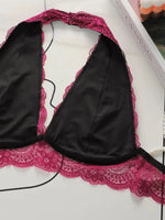 Women Floral Lace Halter Bralette Wireless Deep V Plunge Bow Decor Backless Bra Hollow Out Breathable Sexy Daily Lingerie A563