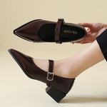 Mid-length Single Shoes Spring and Summer New Fashion Belt Buckle Pointed Toe Comfortable Shallow Toe Leather Shoes