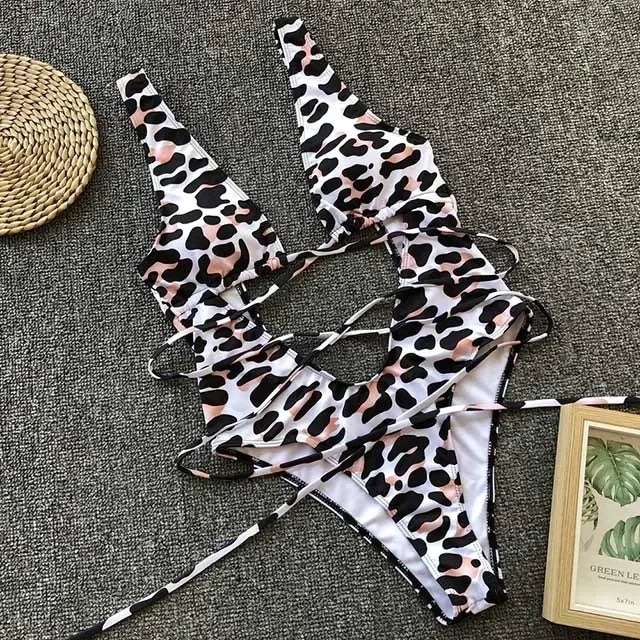 Leopard Deep V Neck Wrap Around High Cut Women Swimwear One Piece Swimsuit Female Monikini Tummy Cut Out Bathing Suit Swim Lady