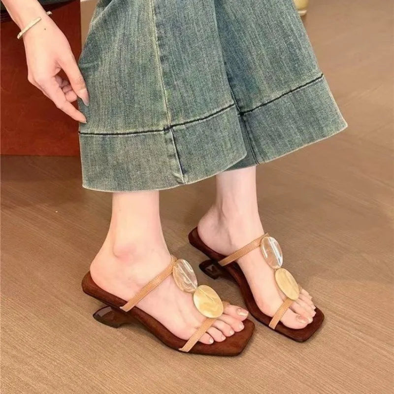 Square Toe Slippers Women High Heels Sandals Open Toe Shoes 2026 Summer Casual Beach Pumps Sexy Pumps