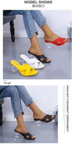 Transparent Strange High Heels Sandals Women SummerPlus Size Weave Female Slippers Fashion Yellow Open Toe Slides