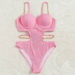 Sexy Push Up Underwire One Piece Swimsuit Women Solid Pink Metal Chain Hollow Out Ribbed Bathing Suit Backless Swimwear Monokini