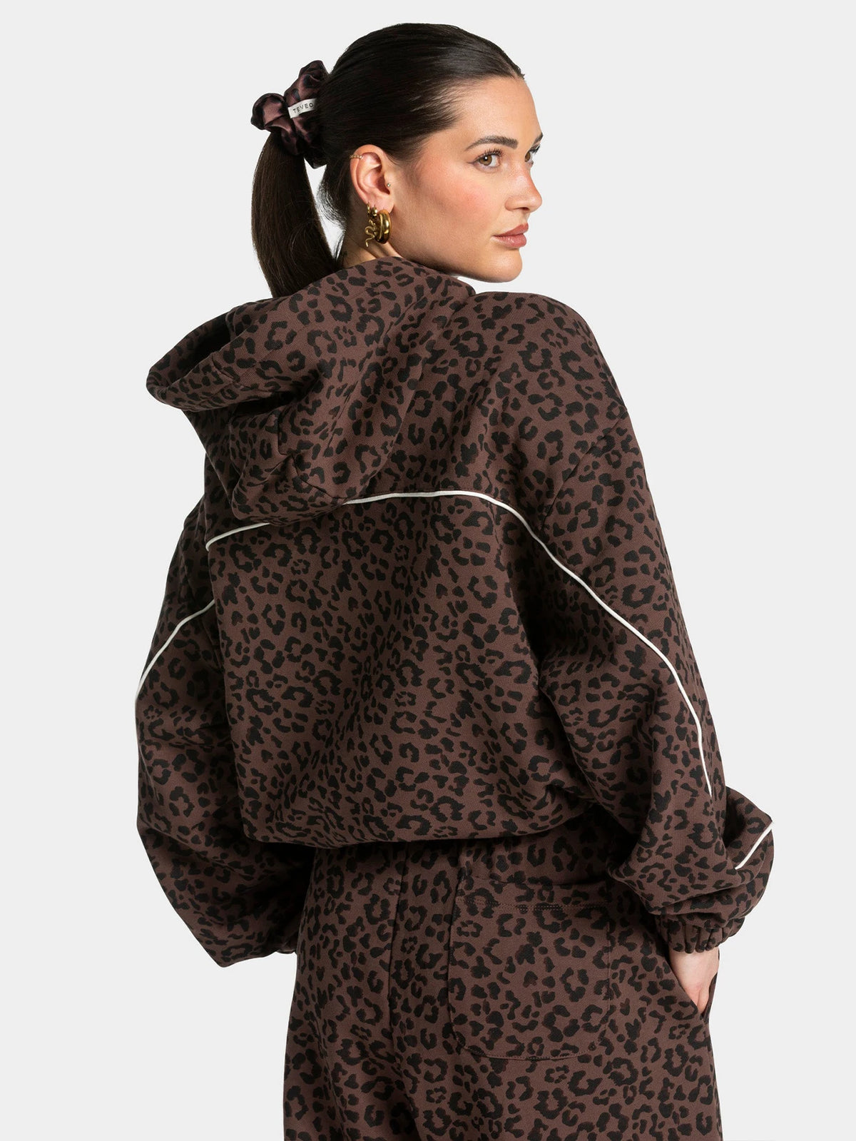 Vintage Leopard Hooded Sweatshirt Suit Loose Fit Contrast Line Wide Leg Trousers Fashion Athletic Tracksuit Outfit