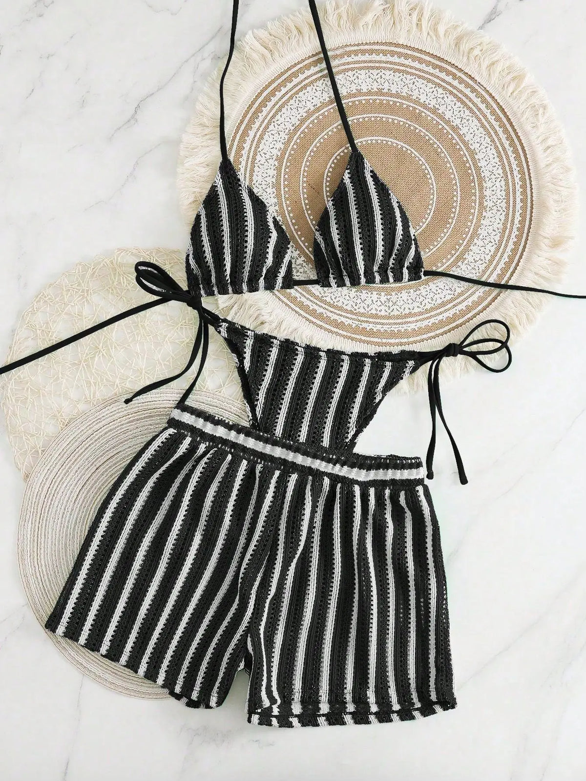 Sexy Black White Patchwork Bikini Set 2026 Women Striped High Waist Shorts 3 Piece Swimsuit Summer Push Up Bathing Suit Swimwear