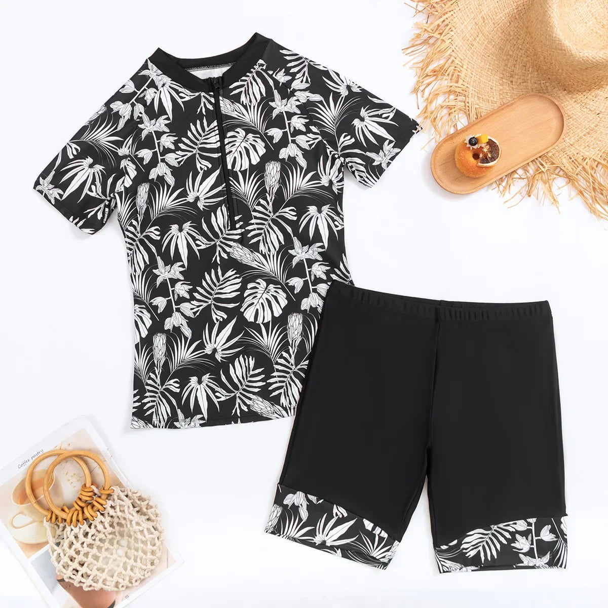 2026 Summer New Women Two-Piece Surfing Suit,fashion Leaf Print Conservative Tankini,Short-sleeve Zipper Swimsuit,beach Swimwear