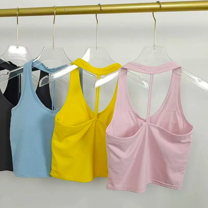 Women's Summer V-Neck Yoga Sports Vest Hanging Back Neck Design Outdoor Running Training Gathered Fit Active Wear Top