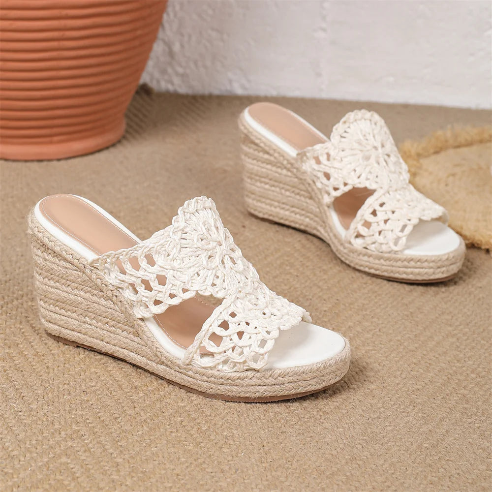 Summer Bobo Beach Mules Slipper Leisure White Espadrille Wedge Slide Sandals Slip On Platform High Heel Women Shoes EUR Size 45
