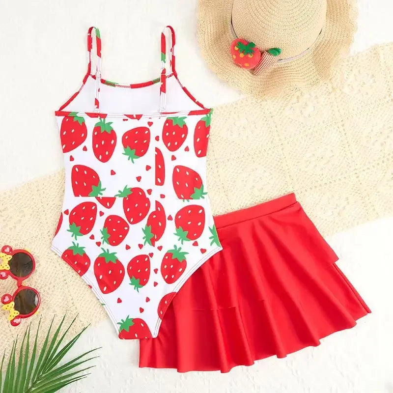 Kids Girls 2-Piece Strawberry Print One Piece Swimsuit & Beach Sarong Cover Up Ruffle Skirts Set 8-12 Years Children's Swimwear