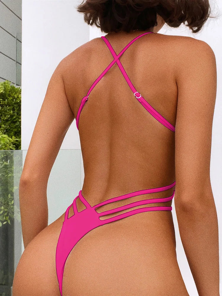 Sexy Extreme G String Thong Women Ribbed Swimwear One Piece Swimsuit Female Cross Backless Monokini High Cut Bathing Suit Swim