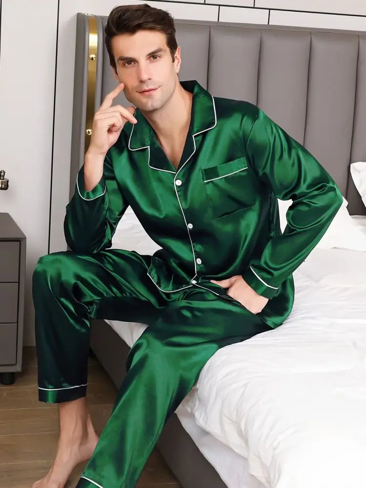 Ice Silk Pajama Sets for Men Sleepwear Satin Shirt Long Sleeve Tops and Long Pants Male Home Night Wear Plus Size Loungewear