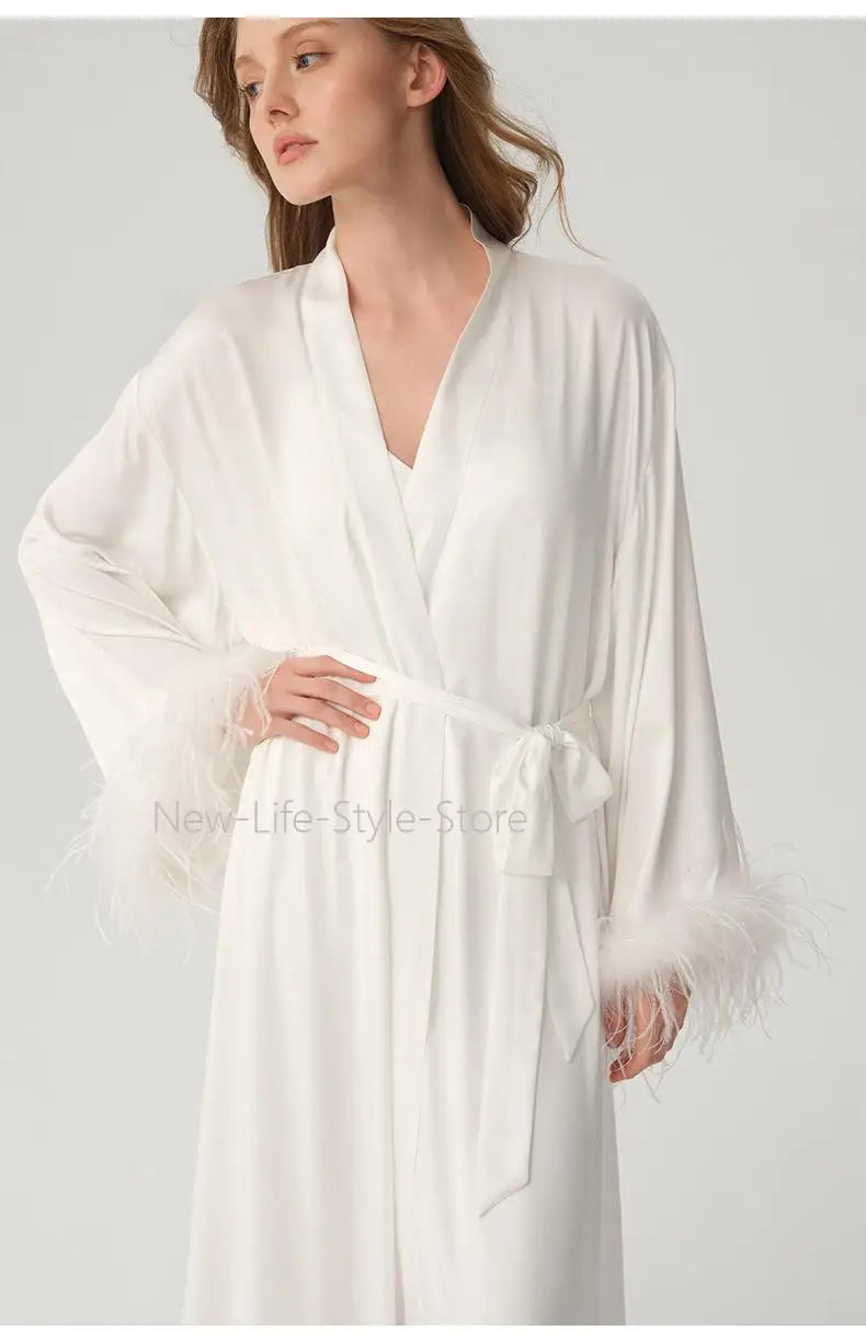 Satin Feather Trim Bridal Morning Gown for Women Long Sleeve Belted Maxi Robe Elegant Soft Home Bathrobe Sleepwear Loungewear