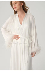 Satin Feather Trim Bridal Morning Gown for Women Long Sleeve Belted Maxi Robe Elegant Soft Home Bathrobe Sleepwear Loungewear