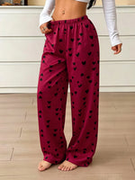 New Women Satin Pajama PantsHeart Print Elastic Waist Loose Wide Leg Sleep Bottoms Ladies Casual Trousers