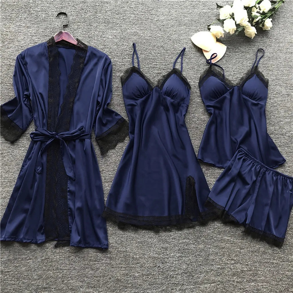 4 Pieces Women's Sexy Lace Pajamas Fashion V-Neck Gown Comfort Pajamas Pajamas Pajamas With Chest Pads Nightdress Casual Loungew