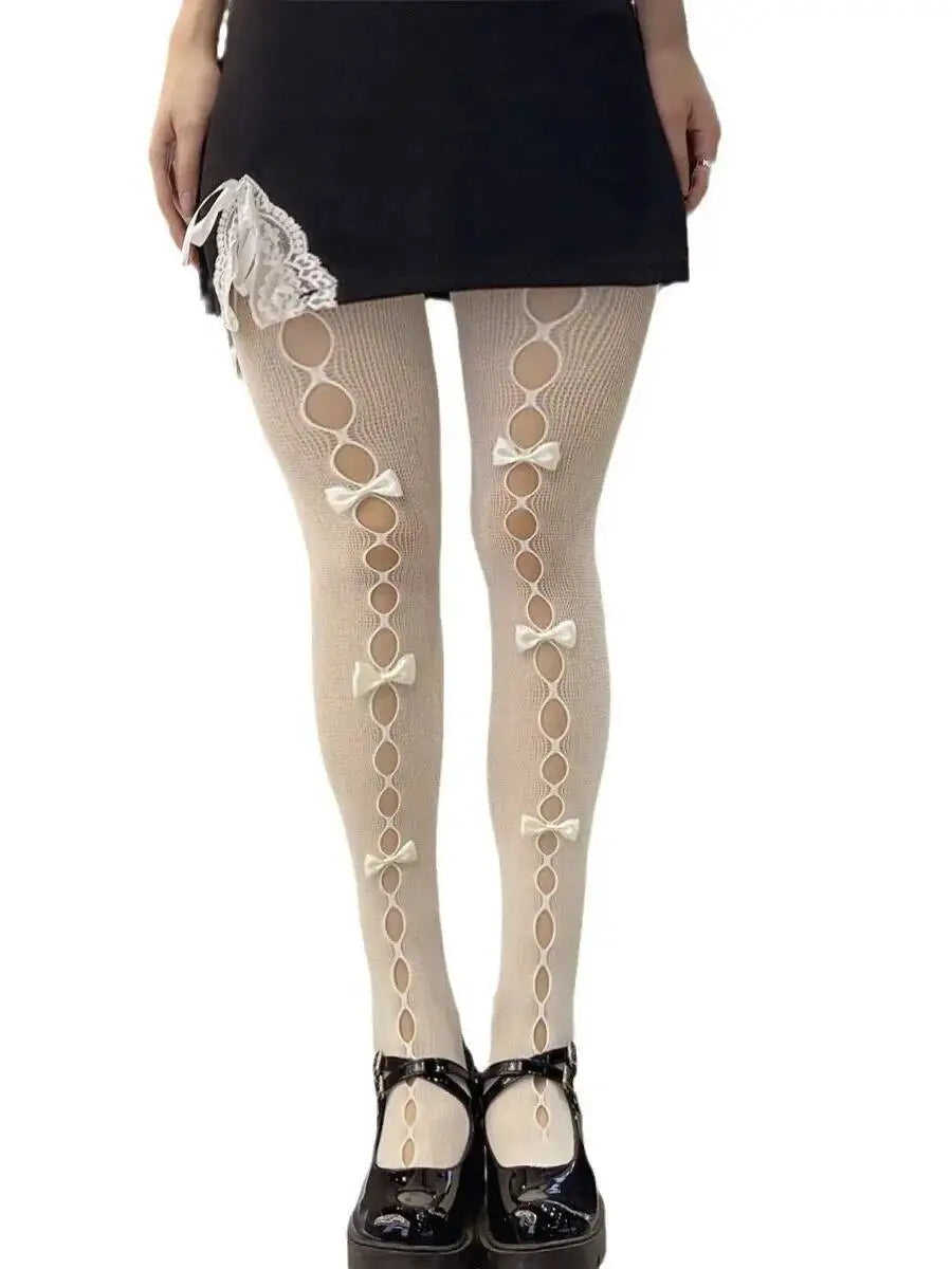 Lolita Bowknot Fishnet Stockings For Women Charming JK Fishnet Stockings White Pantyhose Sexy Hollow Out Pantyhose Elegant SC2U