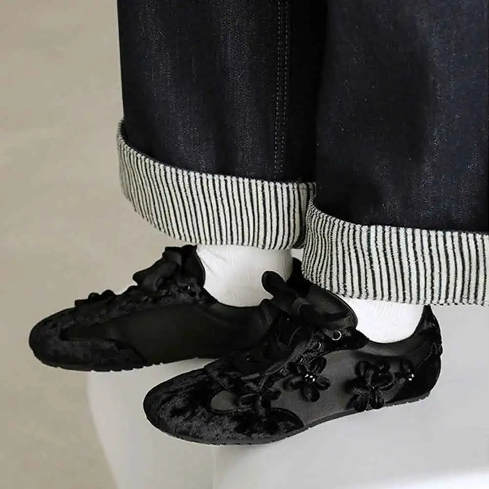 2026 Summer Gary Cute Flowers Ballet Flats Shoes Women Black Sweet Casual Sneakers Shoes Trainers Comfy Walk Daily Footwear