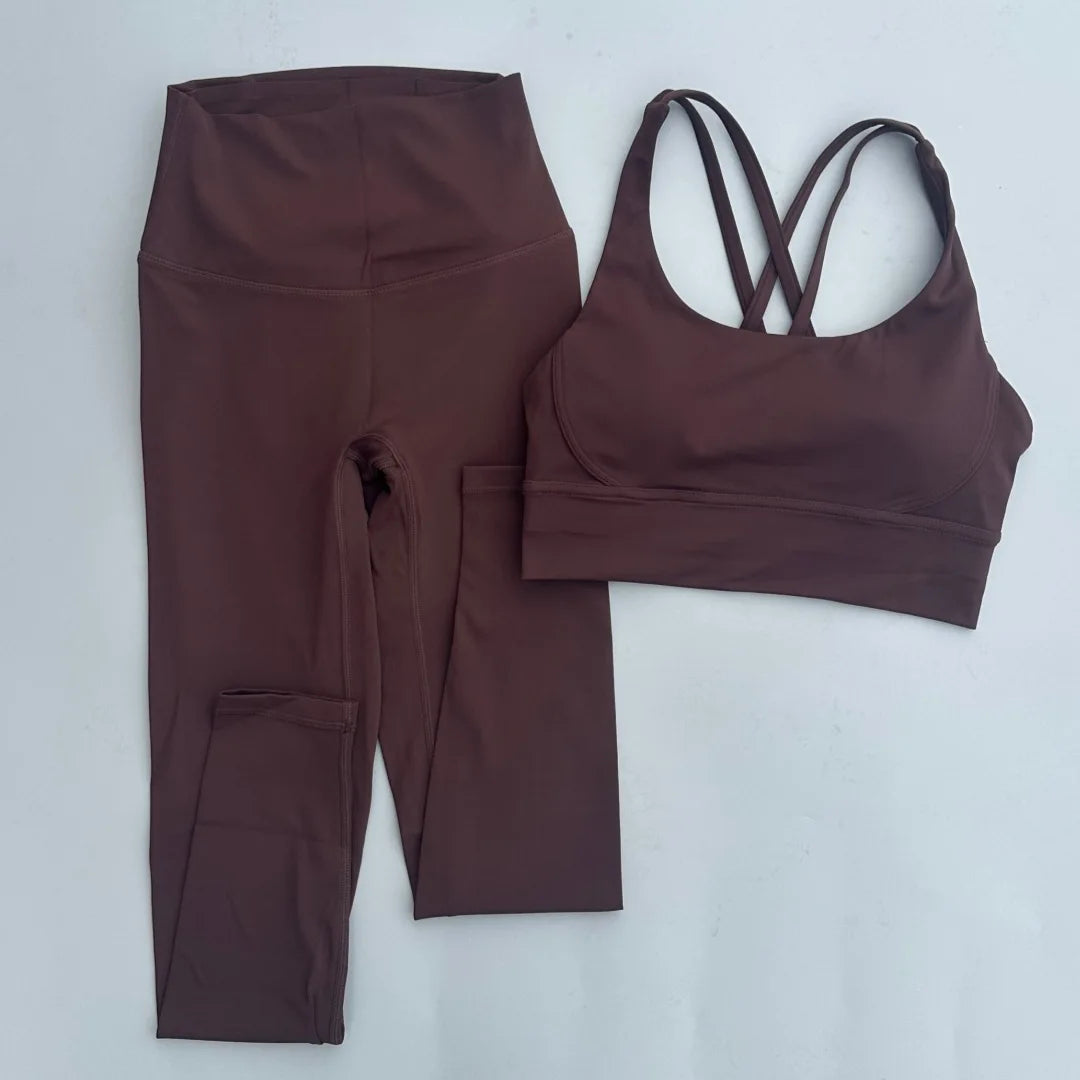 Solid Color Soft Women Gym Yoga Legging Set Cross Back Shoulder Strap Gym Yoga Bra+High Waist Sport Leggings 2pc Tight Sportwear