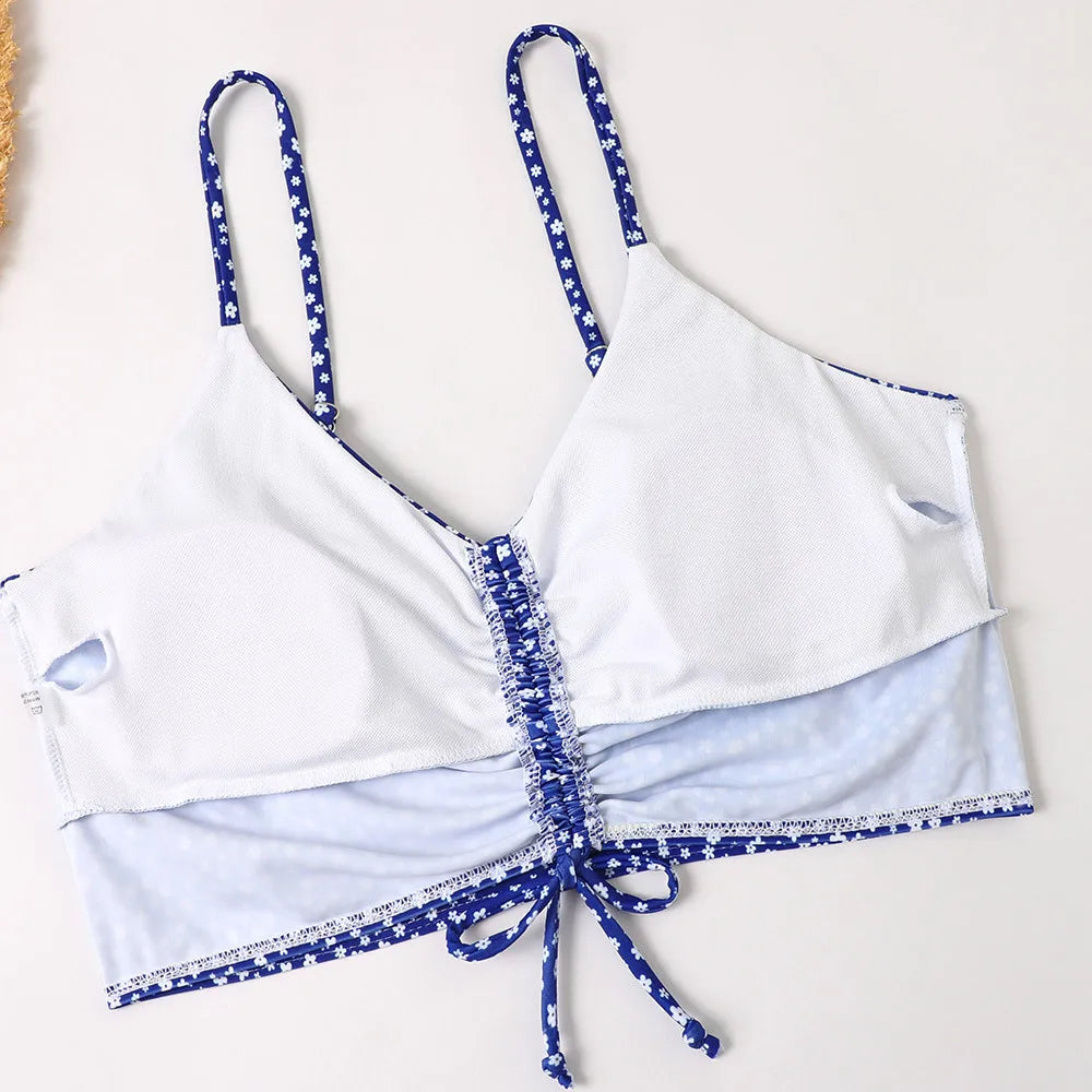 High Waist Bikini Swimsuit Women 2024 Floral Print Swim Suits Drawstring Front Shorts Boxers Swimwear Trunks Pool Bathing Suit