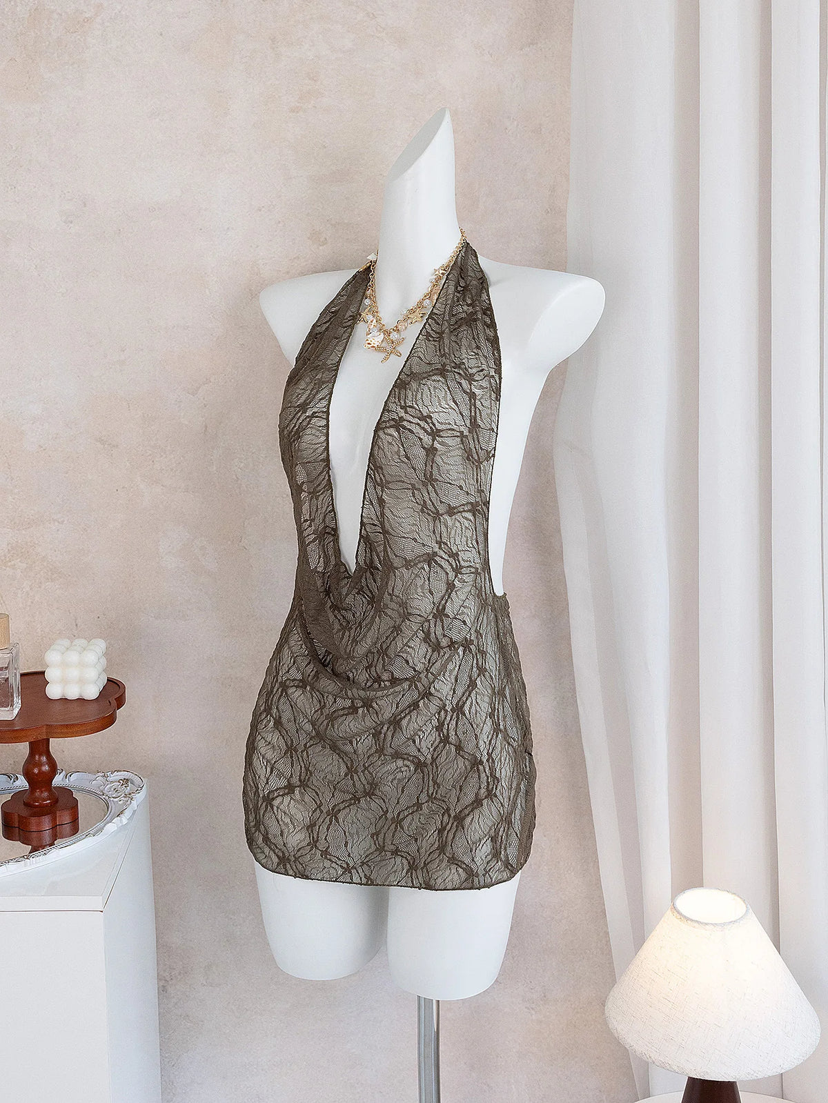Women's CasualBeach Cover Ups Brown Deep V Neck Pleate Lace Short Dress Spring & Fall Vacation Sun Protection Smock
