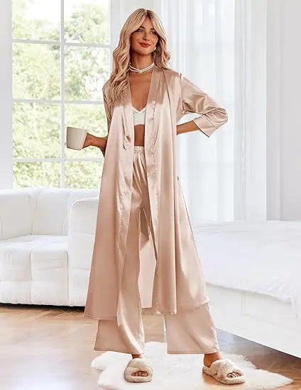 Women's Satin Robe Belted Elegant Solid Color Silky Comfort Bathrobe Loungewear