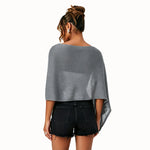 Womens Shawl Tops Lightweight Stylish Solid Color Irregular Hem Boat Neck Loose Fit Sheer Poncho Blouse Summer Knit Cover-ups