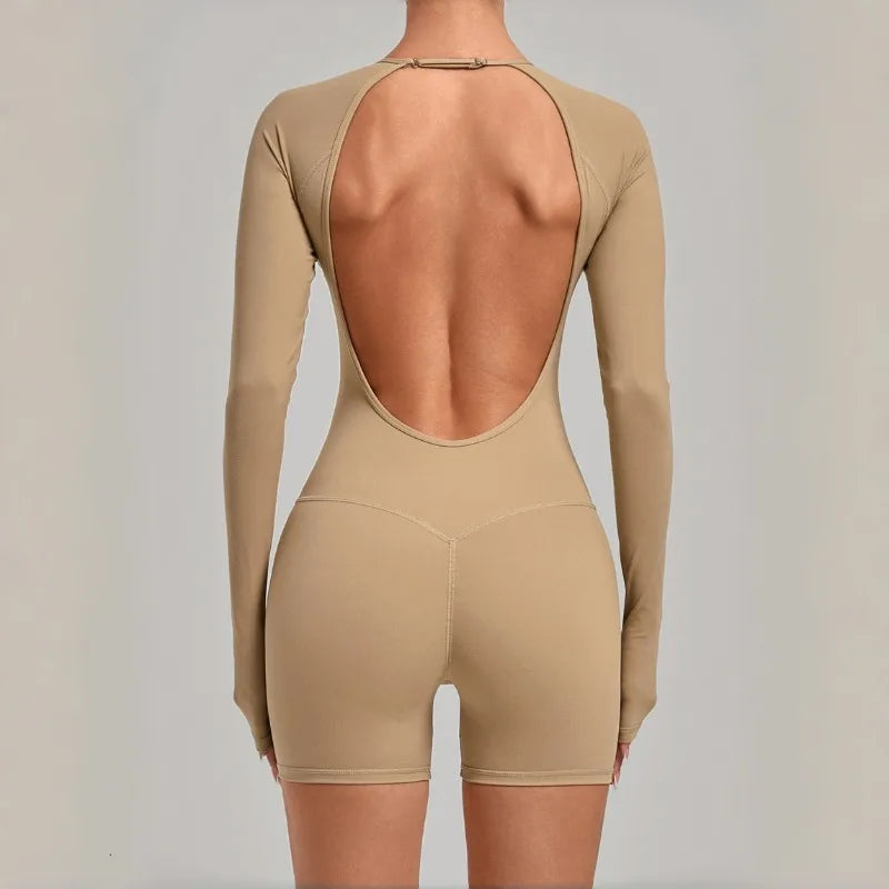 Women's Yoga Jumpsuits Sports Fitness Hip-lifting Long-sleeved Backless Running Training Workout Gym Shorts One-piece Bodysuits