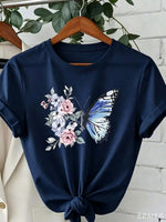 1-Piece Set--Women's Round Neck Chrysanthemum Floral Print T-Shirt Top, Fashion Anti-Wrinkle Cotton T-Shirt