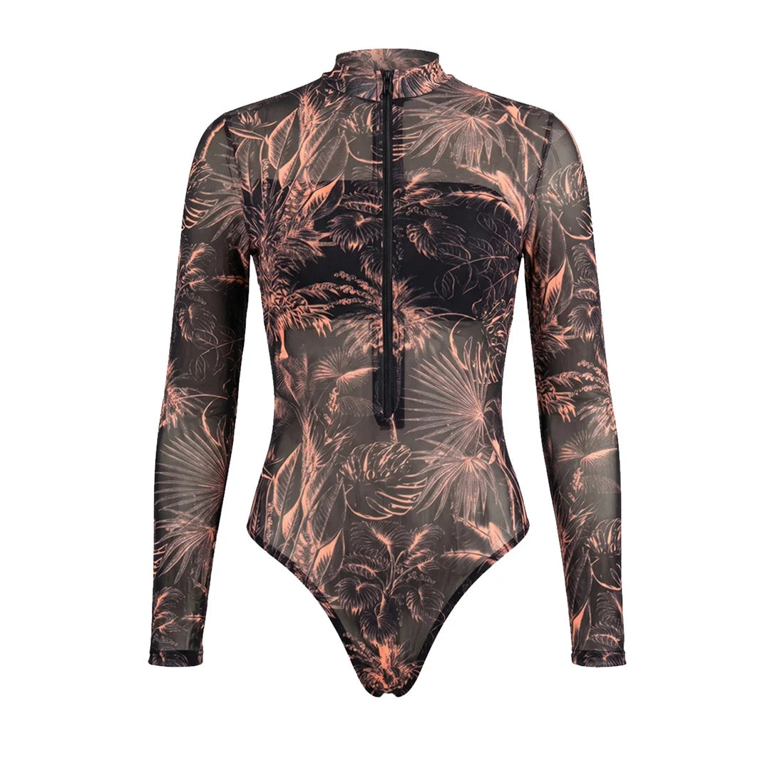 S - XXL New Leaves Printed Long Sleeve With Zipper Pants One Piece Swimsuit Women Swimwear Female Bather Bathing Suit Swim V8355