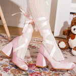 Brand Design Big Size 43 Sweet Pink Mary Jane Pumps Cross-tied Satin 9cm High Heels Ballet Shoes White Party Wedding Shoes Women