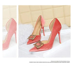 Women 10cm Super High Heels Pointed Toe Side Hollow Work Pumps Metal Crystal Buckle Velvet Stiletto Fashion Banquet Lady Shoes