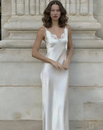 Women's Fashion Casual Style Satin Ice Silk Strap V-Neck Dress Pure Desire Dress Elegant White Satin Lace Trim Dress Party 6TFA