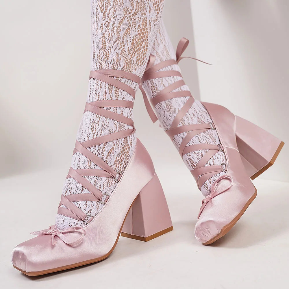 Big Size 43 Sweet Purple Mary Janes Pumps Ribbon Tied Satin 9cm Block High Heels Ballet Shoes Women White Party Wedding Shoes
