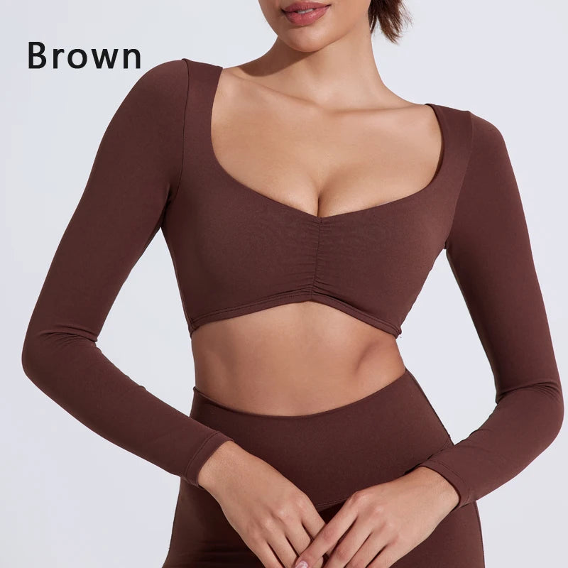 DIAS FIT JOY Nylon Gym Top Yoga Long Sleeved T-Shirt Tight Pleated Sports Top Women's Waist Tight Yoga Top