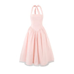 French Style Backless Cross-strap Halter Neck Dress For Women With Hard Mesh Panels Waist-cinching Pleated Large Hem Casual FYR0