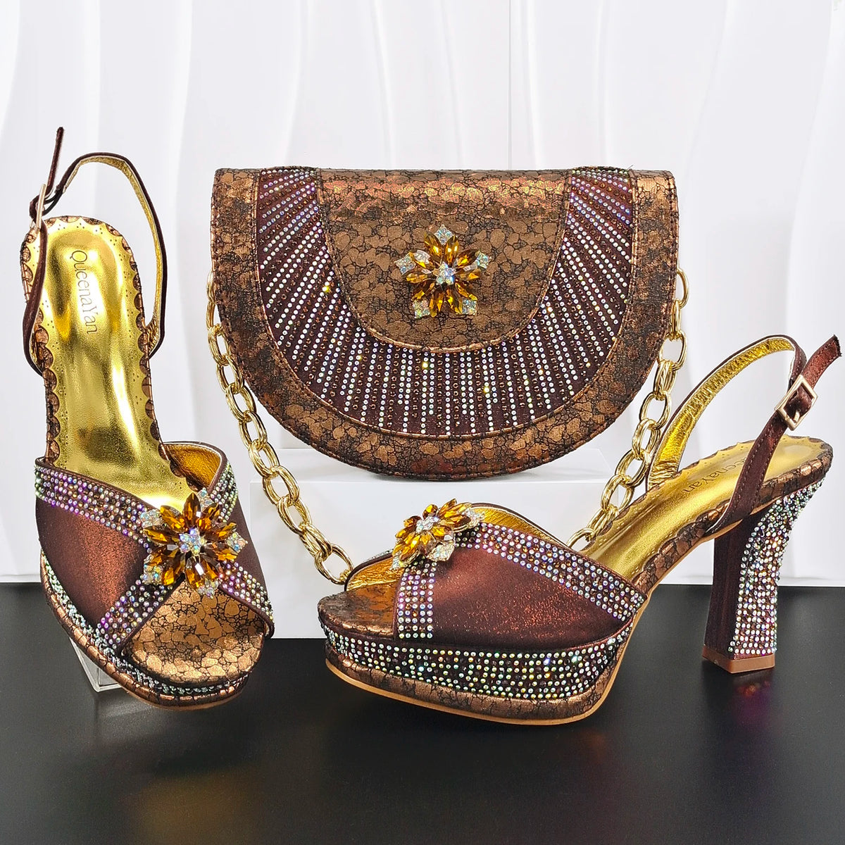 Doershow Italian COFFEE Shoes And Bag Sets For Evening Party With Stones Italian Leather Handbags Match Bags! HM1-1