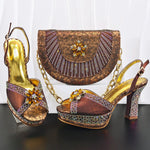 Doershow Italian COFFEE Shoes And Bag Sets For Evening Party With Stones Italian Leather Handbags Match Bags! HM1-1