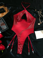 SINGREINYHalter PU Leather Sexy Bodysuits 2025 Streetwear Sensual Club Slim Lingerie Romper Hollow Out Sheer Mesh Playsuits