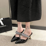 American pointed rhinestone high-heeled slippers women slim heels with toe caps, empty fashion sandals,