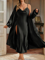 Minimalist Solid Color Pajama Set Long Robe with Low Back Slit Hem Camisole Nightgown All Season Loungewear