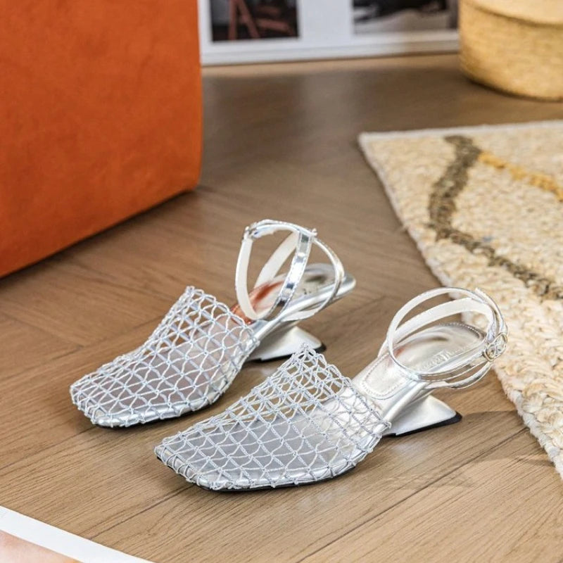 Women's Sandals Summer Luxury DesignerLace Mesh Square Toe Shallow Narrow Strap Braided Slip-on High Heels Sandals