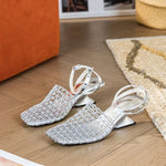 Women's Sandals Summer Luxury DesignerLace Mesh Square Toe Shallow Narrow Strap Braided Slip-on High Heels Sandals