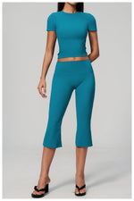 Yoga Set for Women High Waist Hip Lifting Tight Mid Pants Fitness Suit Short Sleeve O Neck Slimming Sports T Shirt Athletic Wear