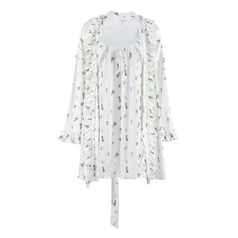Autumn Women Nightgowns Set Long Sleeve Robe V-Neck Bathrobe Spaghetti Strap Sleepwear Mini Dress Casual Pajamas Suit 2026