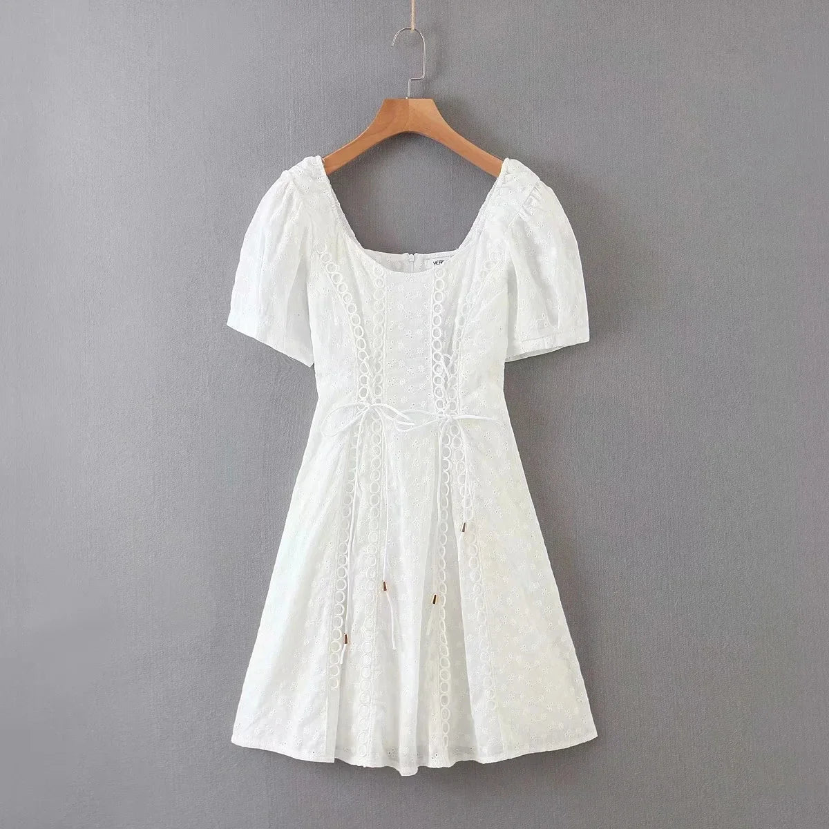 White lace embriodery summer beach dress women elegant hollow out lace up short dress off shoulder puff sleeve sheer dress 2025