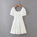 White lace embriodery summer beach dress women elegant hollow out lace up short dress off shoulder puff sleeve sheer dress 2025
