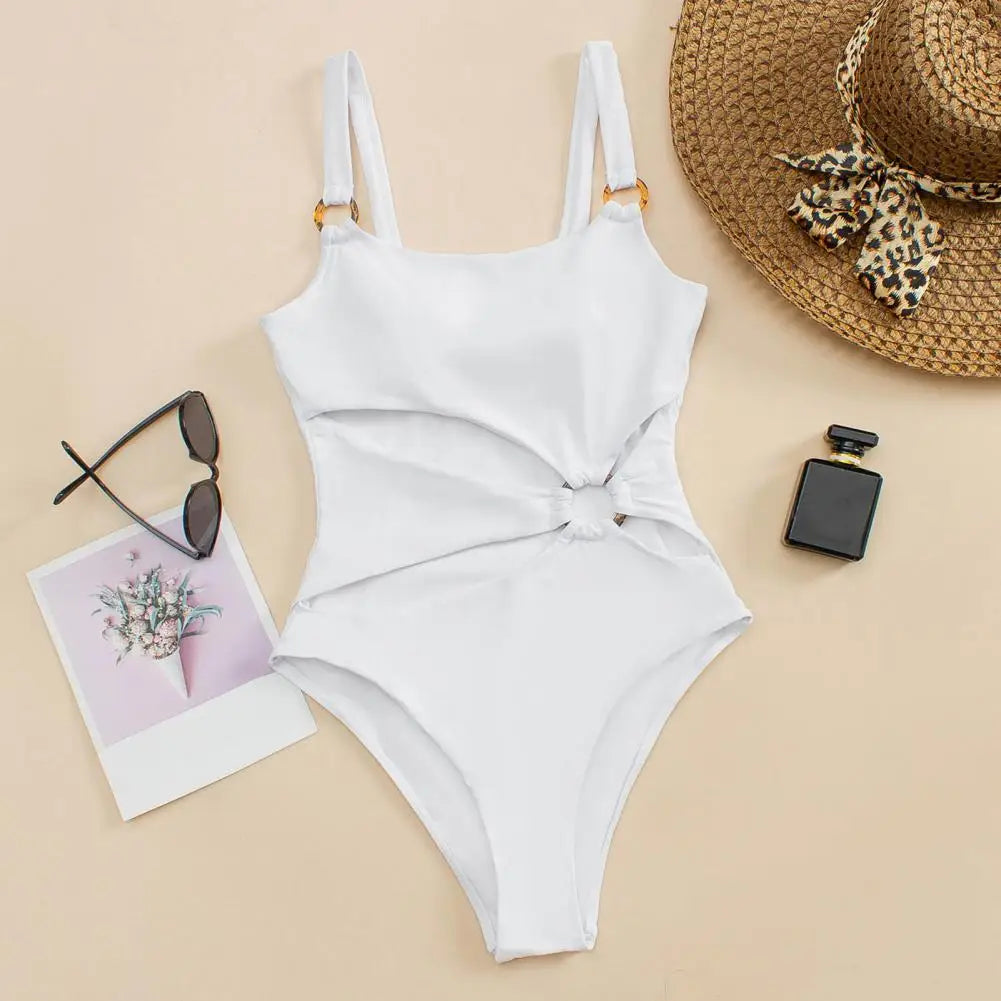 Women One-piece Swimsuit Pure Color Square Neck Women's Bikini With Padded Elegant Hollow Design Ladies Beach Vacation Swimwear