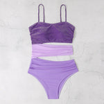 New Shiny Purple Contrast Swimsuit 2025 Women Halter Hollow Out Patchwork One Piece Swimwear Beach Bathing Suit Pleate Monokini