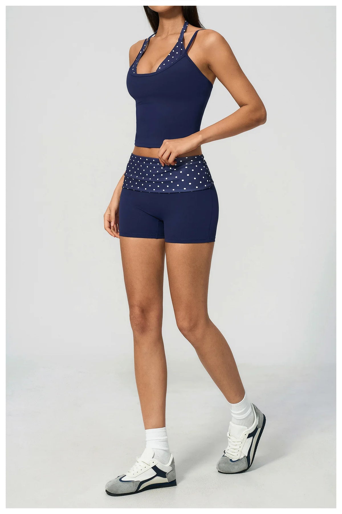 Quick Drying Polka Dot Patchwork Yoga Sets Women Hanging Neck Slim Shockproof Sports Tank Top Gym High Waist Shorts Fitnss Suit