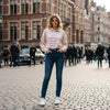 Pink Striped Print Spring Fall T-shirts for Women Casual Short Sleeve Lapel Basic Tops for Outdoor Travel Street