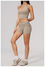 2PCS Yoga Set Women V-neck Cross Neck Shock-absorbing Sports Vest Workout Pleate Flip High Waist Shorts Gym Runing Fitness Suits